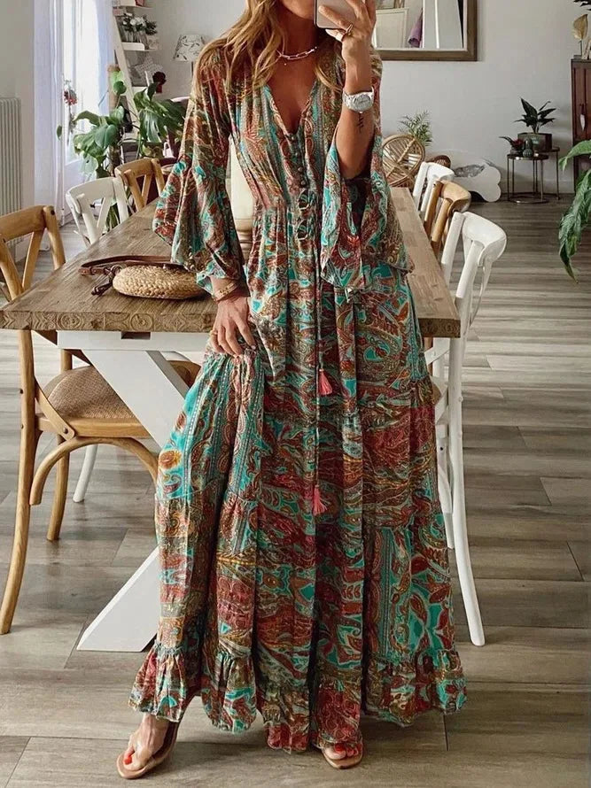 Charlotte | Boho Maxi Sukienka z Dekoltem w Serek