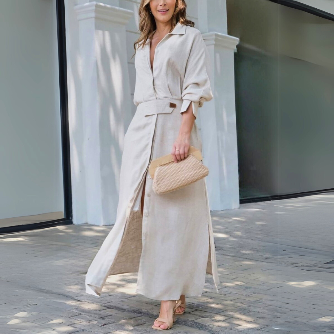 Yara | Elegancka Sukienka Maxi z Lnu z Dekoltem w Serek