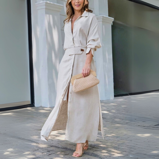 Yara | Elegancka Sukienka Maxi z Lnu z Dekoltem w Serek