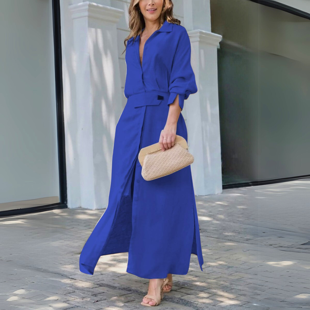 Yara | Elegancka Sukienka Maxi z Lnu z Dekoltem w Serek