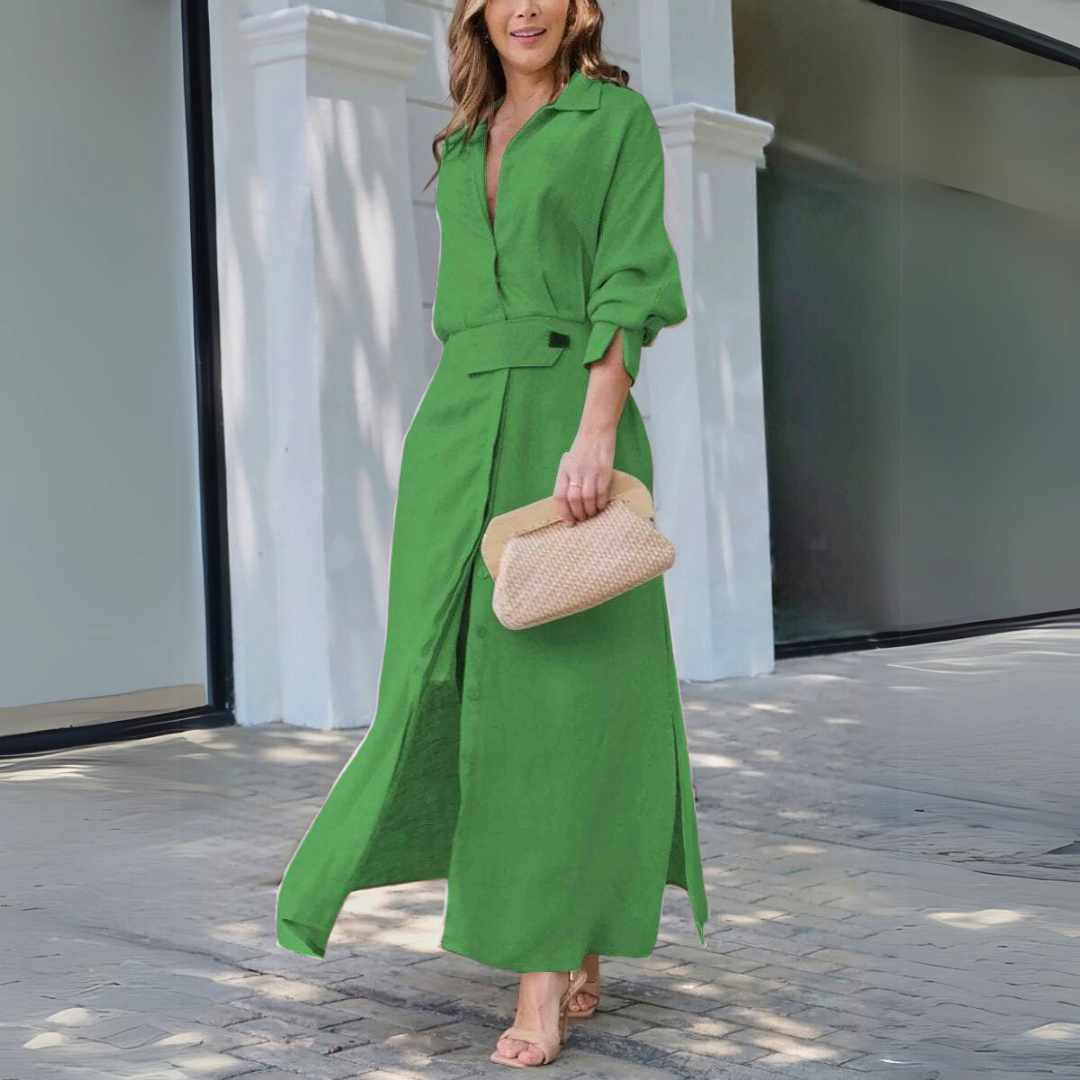 Yara | Elegancka Sukienka Maxi z Lnu z Dekoltem w Serek