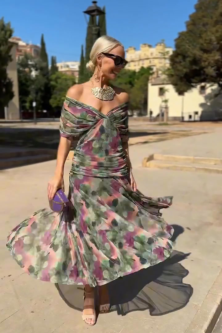 Monica | Sukienka Maxi w Fantastyczne Kwiaty z Dekoltem w Serek