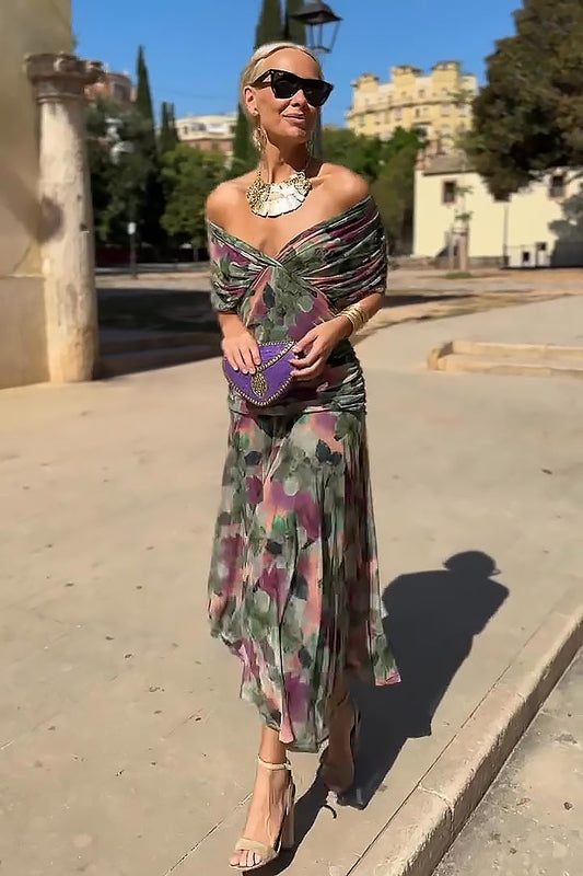 Monica | Sukienka Maxi w Fantastyczne Kwiaty z Dekoltem w Serek