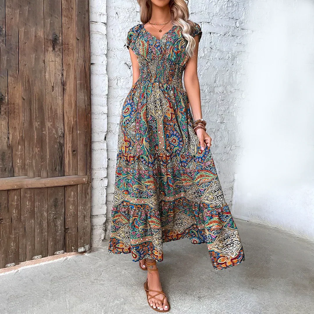 Elara | Sukienka Maxi z Bufiastymi Rękawami w Stylu Boho