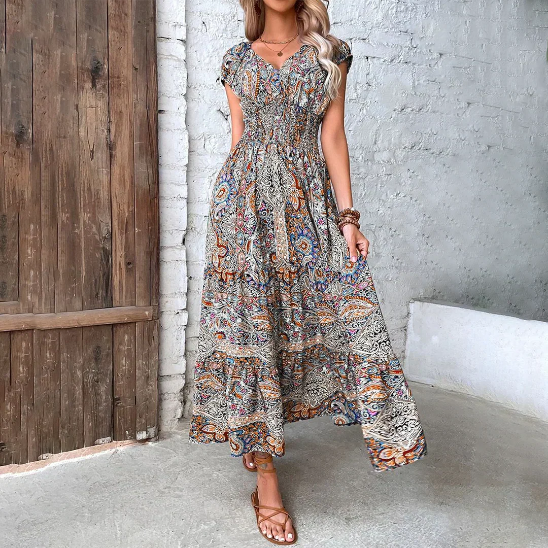 Elara | Sukienka Maxi z Bufiastymi Rękawami w Stylu Boho