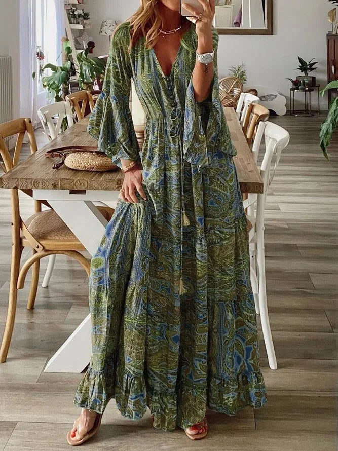 Charlotte | Boho Maxi Sukienka z Dekoltem w Serek