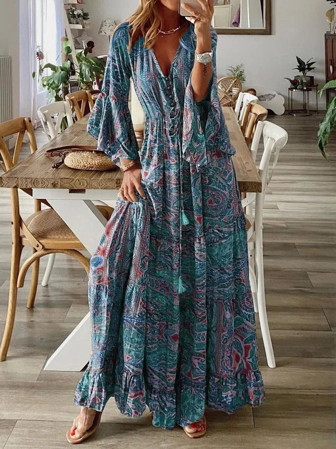 Charlotte | Boho Maxi Sukienka z Dekoltem w Serek