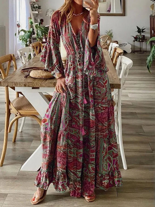 Charlotte | Boho Maxi Sukienka z Dekoltem w Serek