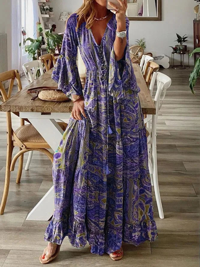 Charlotte | Boho Maxi Sukienka z Dekoltem w Serek