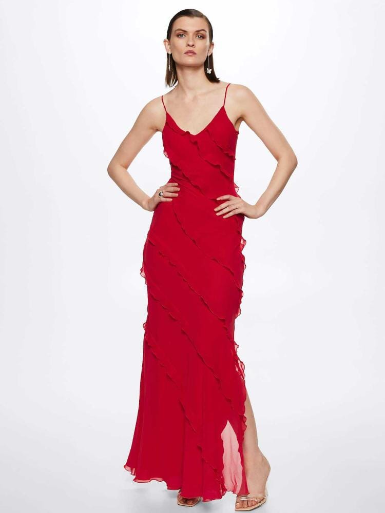 Eve | Maxi Sukienka z Falbanami z Chiffonu
