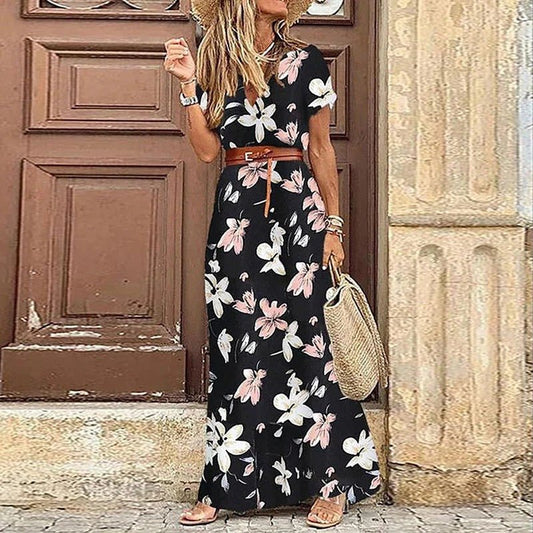 Tiana | Maxi Sukienka Kwiatowa Boho z Paskiem